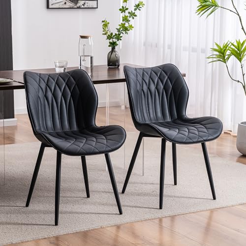YOUNIKE Set of 2 Upholstered Faux Leather Dining Chairs with Adjustable Metal Legs - Black