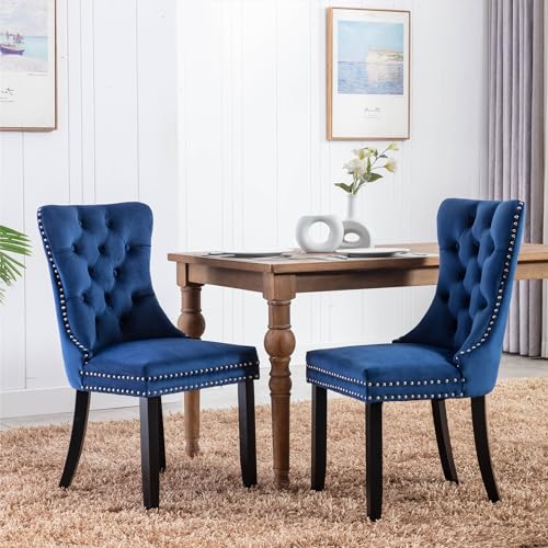Blue Velvet Dining Chairs Set of 2 – Modern Upholstered Seating for Kitchen, Bedroom & Living Room with Ring Pull Trim and Button Back
