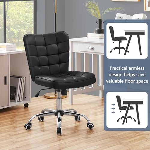 Yaheetech Modern Armless Desk Chair with Adjustable Height and Rolling Wheels, Black Faux Leather