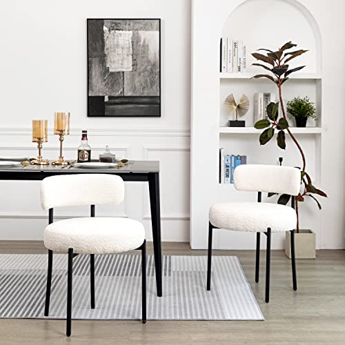 DYHOME White Boucle Dining Chair with Curved Backrest Black Metal Legs