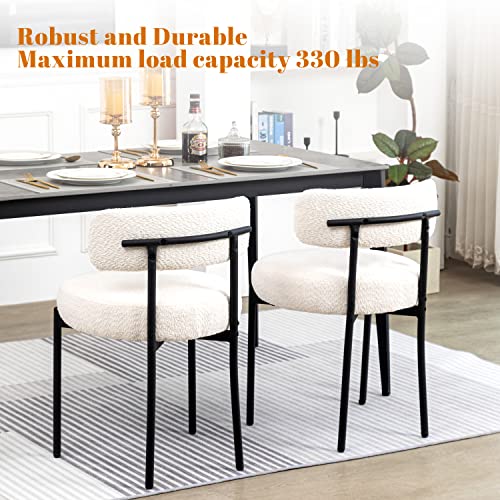 DYHOME White Boucle Dining Chair with Curved Backrest Black Metal Legs