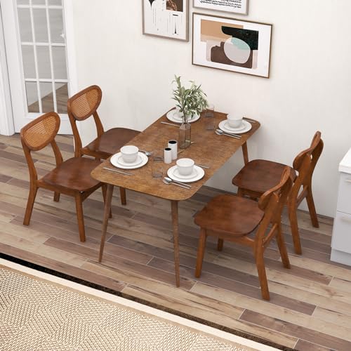 Giantex Set of 4 Armless Wooden Dining Chairs with Cane Backrest and Rubber Wood Legs, Walnut Farmhouse Accent Chairs, Max Load 265 lbs