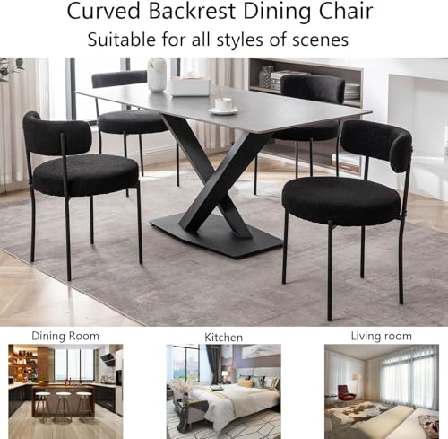 Set of 4 Black Boucle Dining Chairs with Metal Legs for Dining Room