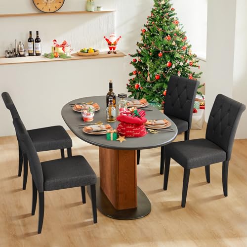 Set of 4 Black Upholstered Button Tufted Dining Chairs with Solid Wood Legs