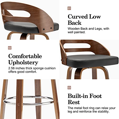 Set of 2 Swivel Bar Stools with Low Back and Cushion Seat, 24.6 Height (Black)