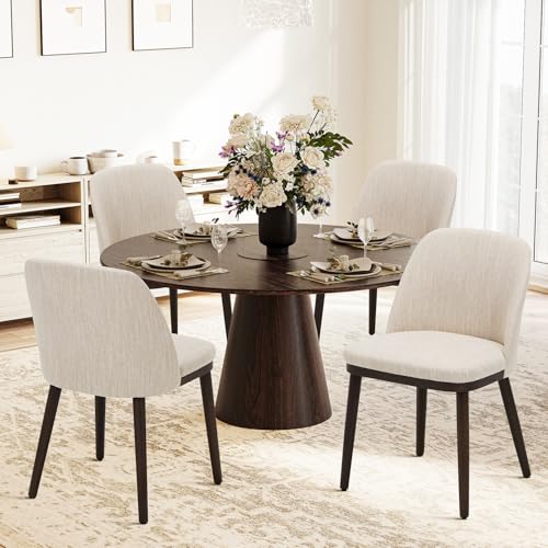 COLAMY Set of 4 Upholstered Dining Chairs, Modern Beige Fabric Side Chairs with Wood Legs for Kitchen and Dining Room