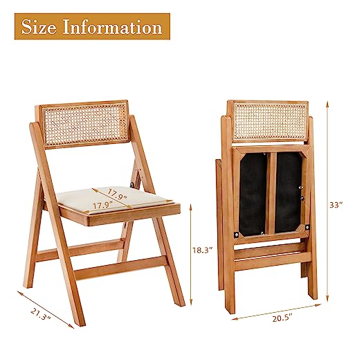 Set of 2 Mid Century Modern Wood Folding Chairs with Rattan for Kitchen and Patio Dining