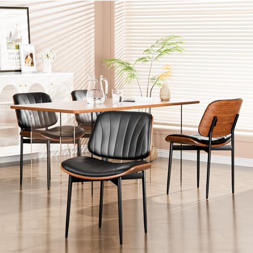Set of 2 Mid Century Modern Upholstered Dining Chairs with Walnut Legs - Black PU Leather