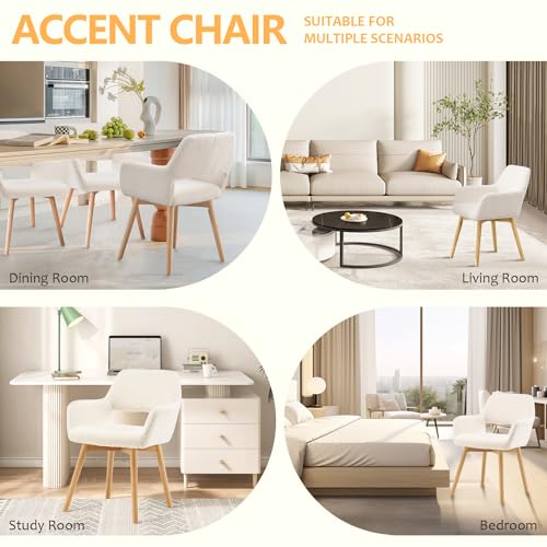 Mid Century Modern Upholstered Dining Chairs Set of 2, 4, or 6 - Comfy Accent Chairs for Kitchen, Living Room, and Bedrooms (Wool White)