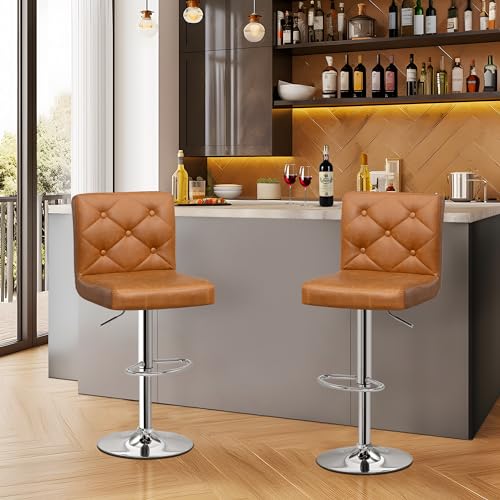 Modern PU Leather Bar Stools Set of 2 for Kitchen Counter Island, X-Large Size - Brown