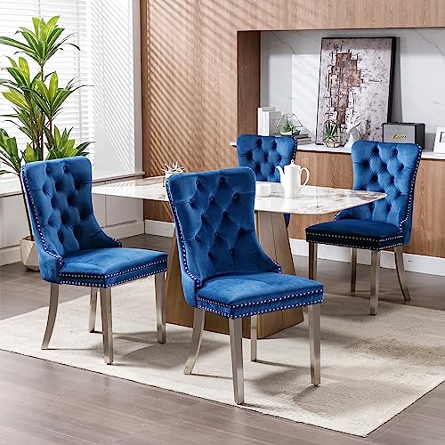Set of 2 Blue Velvet Tufted Dining Chairs with Chrome Legs