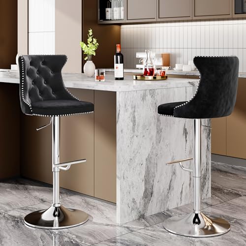 Adjustable Velvet Swivel Bar Stools Set of 2 with High Backs, Modern Design for Kitchen Islands and Dining Rooms - Black