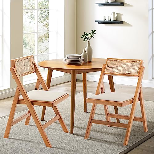 Set of 2 Mid Century Modern Wood Folding Chairs with Rattan for Kitchen and Patio Dining