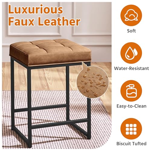 Yaheetech Set of 2 Backless 24-Inch Faux Leather Bar Stools for Kitchen Island, Brown