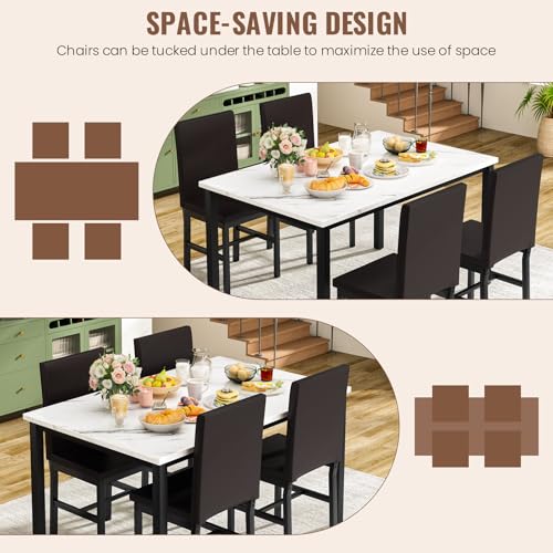 5-Piece Faux Marble Dining Table Set for 4 with PU Leather Chairs - Ideal for Small Spaces, White & Dark Brown