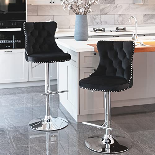 Adjustable Velvet Swivel Bar Stools Set of 2 with High Backs, Modern Design for Kitchen Islands and Dining Rooms - Black