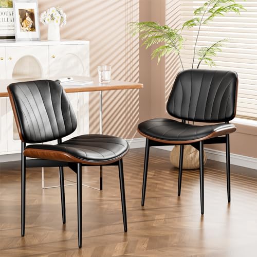 Set of 2 Mid Century Modern Upholstered Dining Chairs with Walnut Legs - Black PU Leather