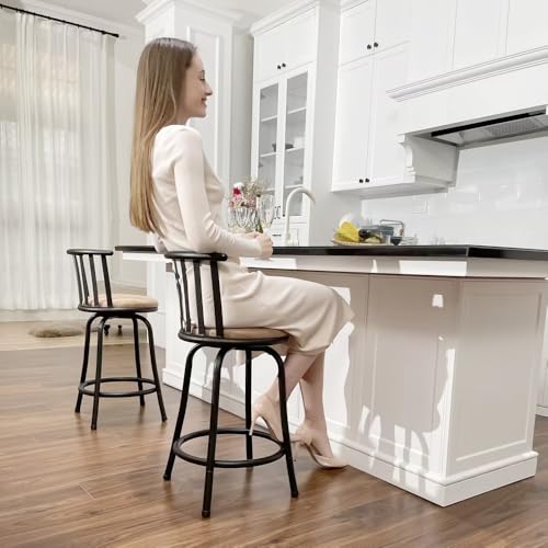 Adjustable Bar Stool Set of 2 with Backs and Footrest, Swivel Armless Design for Kitchen Island, 24/29 Inch, Brown