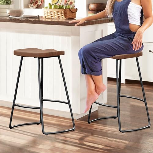 Alunaune Set of 4 Backless Metal Saddle Seat Bar Stools - Brown