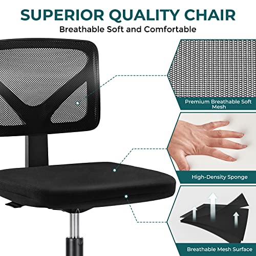 Armless Ergonomic Rolling Desk Chair for Small Spaces - Black Mesh