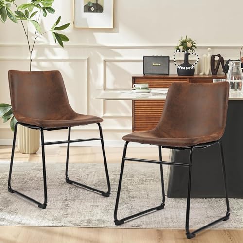 GOTMINSI Mid Century Modern Dining Room Chairs, Suede & Faux Leather, Set of 2 (Brown)