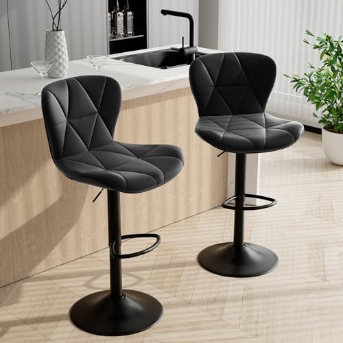 Set of 2 Adjustable Swivel Faux Leather Bar Stools with High Backrest for Kitchen Island - Black