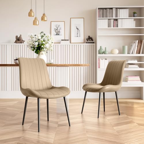 Set of 4 Modern Leather Dining Chairs with Metal Legs (Khaki)