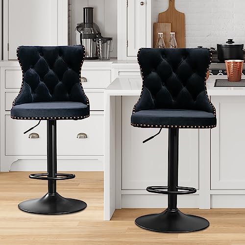Aoowow Adjustable Velvet Bar Stools Set of 2 with Back for Kitchen Island or Pub (Black)