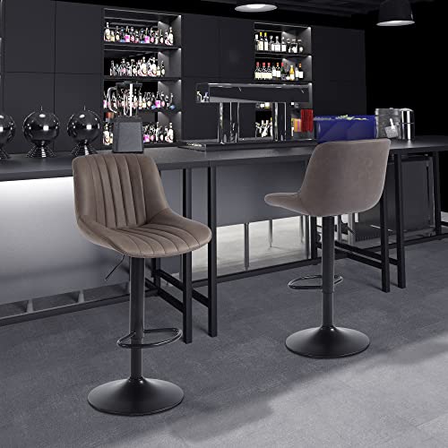 Set of 2 Adjustable Swivel Bar Stools with Back, Brown Faux Leather
