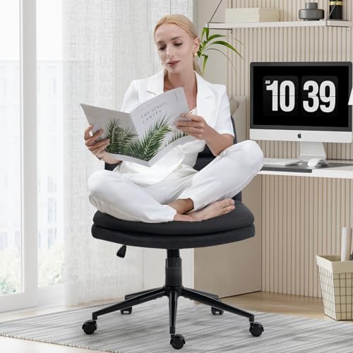 Armless Adjustable Office Chair with Wheels and Swivel, Black Fabric