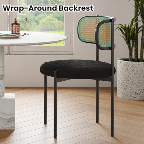 Set of 4 Farini Modern Upholstered Dining Chairs with Rattan Back and Metal Legs - Black