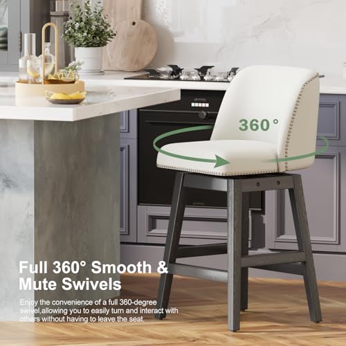 Set of 4 White 26'' Counter Height Swivel Bar Stools with Backs and Faux Leather Seats for Kitchen and Dining