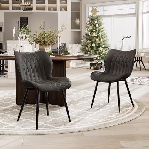 YOUNIKE Set of 2 Upholstered Faux Leather Dining Chairs with Adjustable Metal Legs - Black