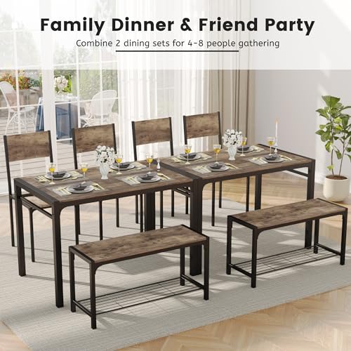 JUMMICO 43.3 Modern Dining Set for 4: Rectangular Table with Bench & 2 Chairs (Rustic Brown)