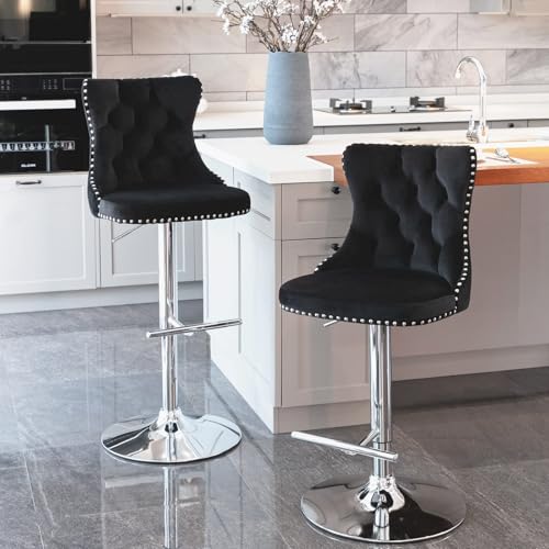 Adjustable Velvet Swivel Bar Stools Set of 2 with High Backs, Modern Design for Kitchen Islands and Dining Rooms - Black