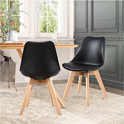 GOTMINSI Set of 2 Modern Dining Chairs - Black Shell Lounge Style with Natural Wood Legs