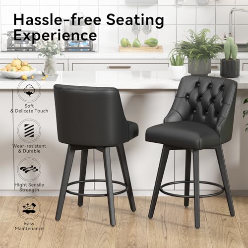 Set of 2 Black Counter Height Swivel Bar Stools with Back and Footrest - 26.8 Inch Linen Upholstered with Solid Wood Legs for Kitchen Island, Dining Room, Pub