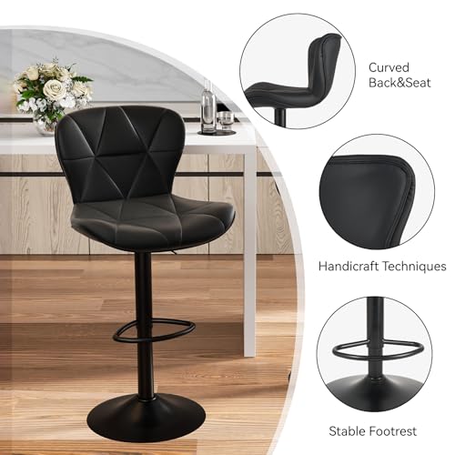 Adjustable Black Faux Leather Bar Stools Set of 2 for Kitchen Island