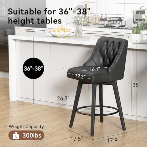 Set of 2 Black Counter Height Swivel Bar Stools with Back and Footrest - 26.8 Inch Linen Upholstered with Solid Wood Legs for Kitchen Island, Dining Room, Pub