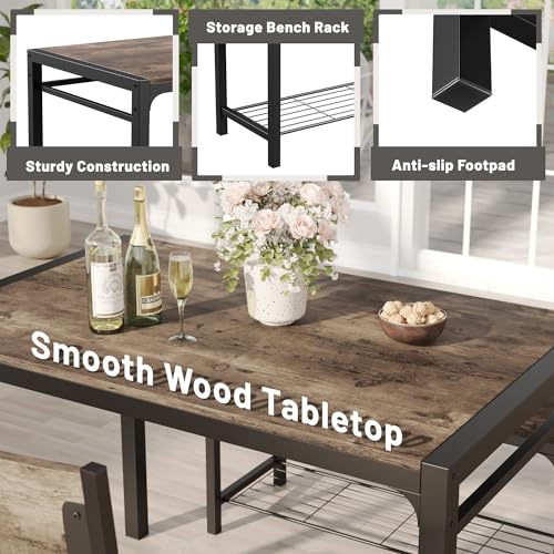 JUMMICO 43.3 Modern Dining Set for 4: Rectangular Table with Bench & 2 Chairs (Rustic Brown)