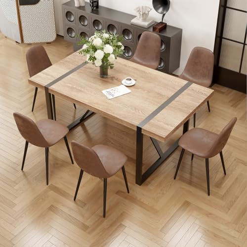 7-Piece Modern Dining Set for 6: 71'' Rectangle Wood Table and Fabric Chairs