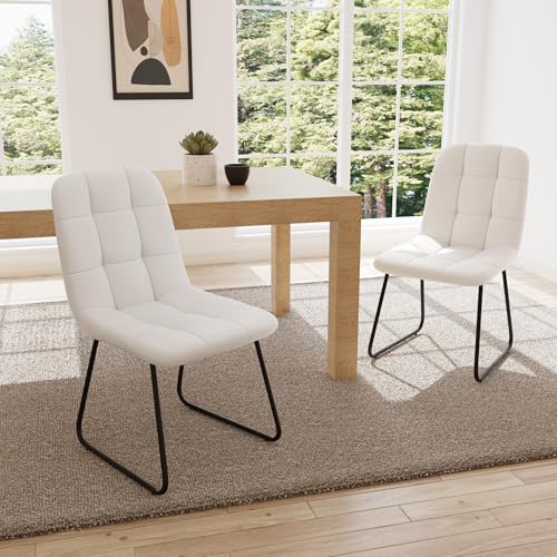 Set of 4 Modern Faux Leather Dining Chairs for Kitchen and Living Room (Off-White with Black Legs)