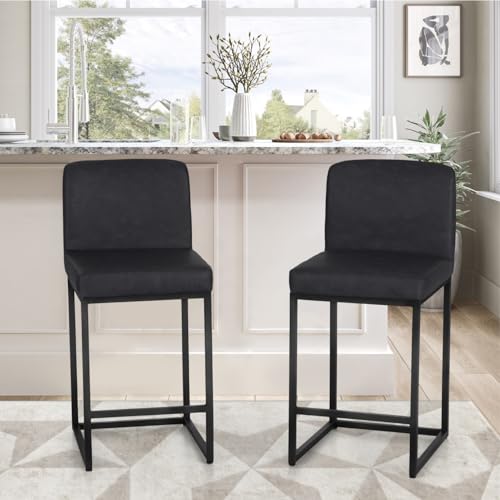 PHI VILLA Set of 2 Counter Height Bar Stools - 24 Modern PU Leather Kitchen Chairs with Backs