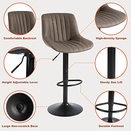 Set of 2 Adjustable Swivel Bar Stools with Back, Brown Faux Leather