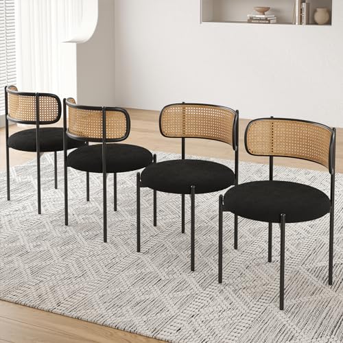 Set of 4 Farini Modern Upholstered Dining Chairs with Rattan Back and Metal Legs - Black