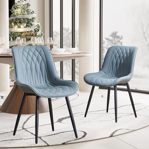 YOUNIKE Set of 2 High Back Mid Century Modern Dining Chairs - Greyish Green PU Faux Leather with Metal Legs