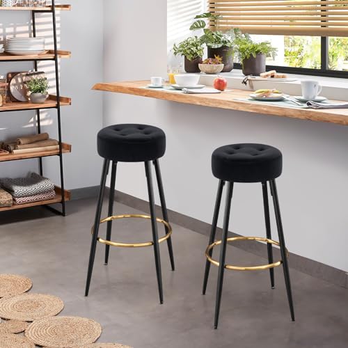 Furniliving Set of 2 Black Velvet Bar Stools with Golden Footrest - Perfect for Kitchen, Coffee Shop, and Home Balcony