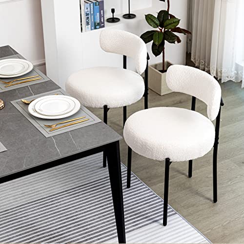 DYHOME Set of 2 White Boucle Dining Chairs with Curved Backrest and Black Metal Legs