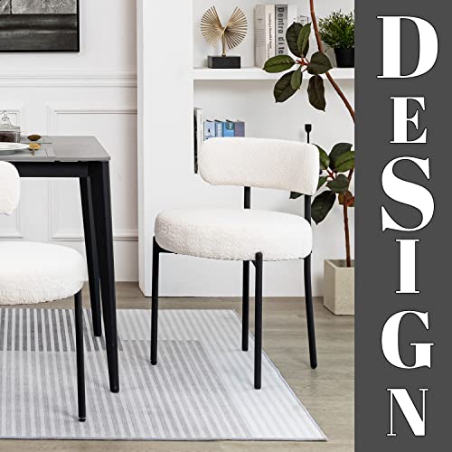 DYHOME Set of 2 White Boucle Dining Chairs with Curved Backrest and Black Metal Legs