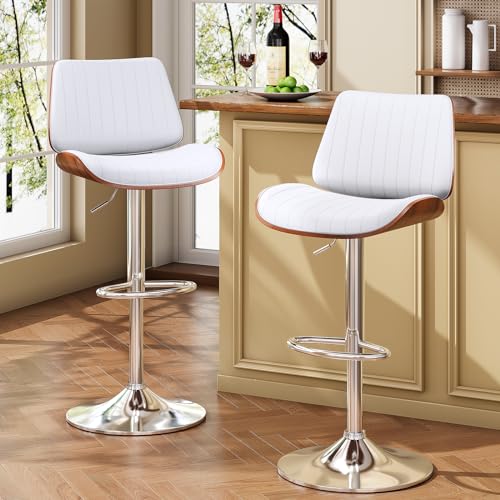 Set of 2 Black Swivel Bar Stools with Bentwood Back and Leather Seat for Kitchen Island and Counter